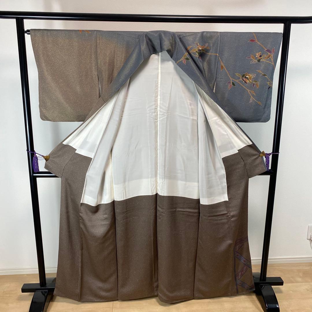 ZY-773 訪問着 叩き染め 金通し 枝と花 垣根 共八掛 逸品 名品