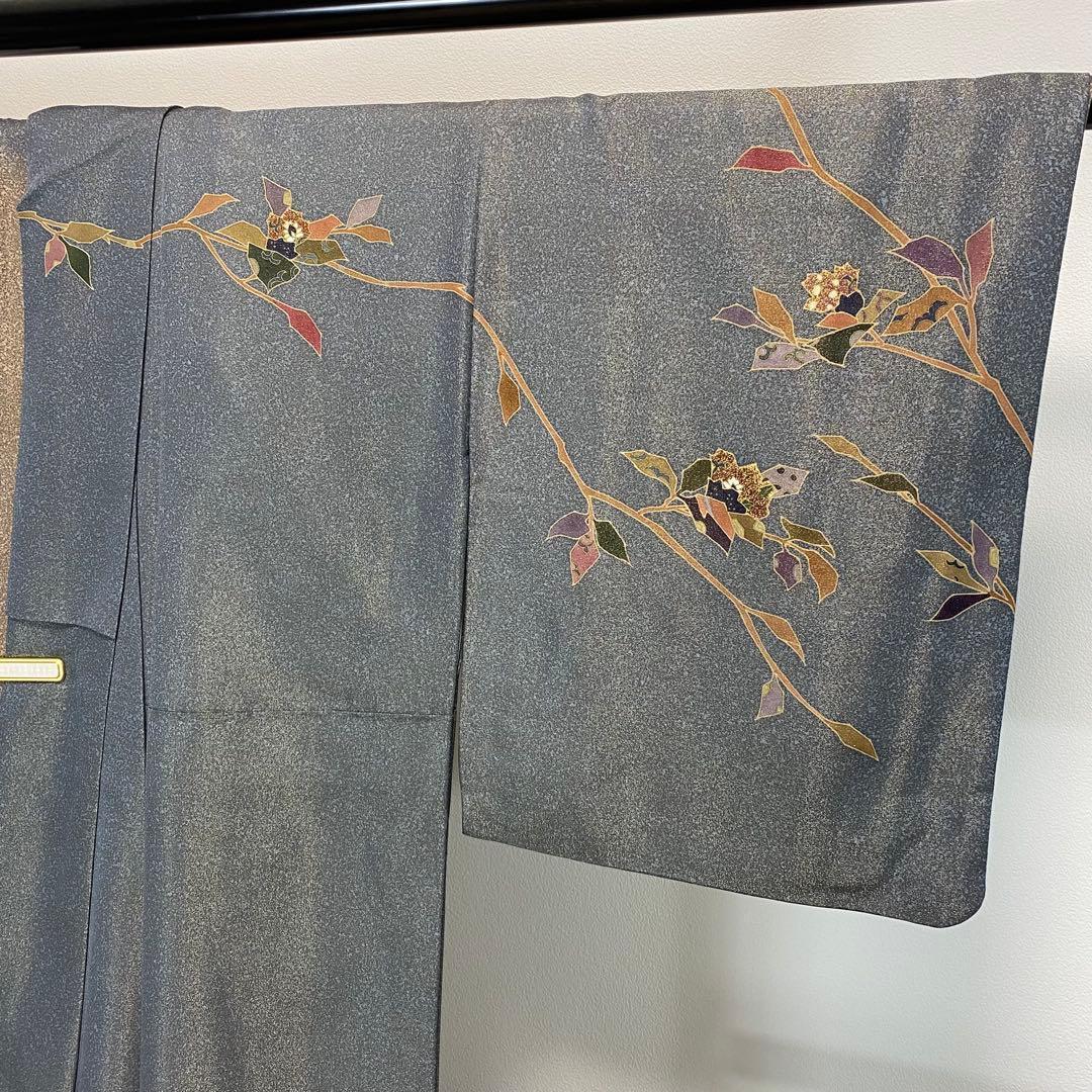 ZY-773 訪問着 叩き染め 金通し 枝と花 垣根 共八掛 逸品 名品