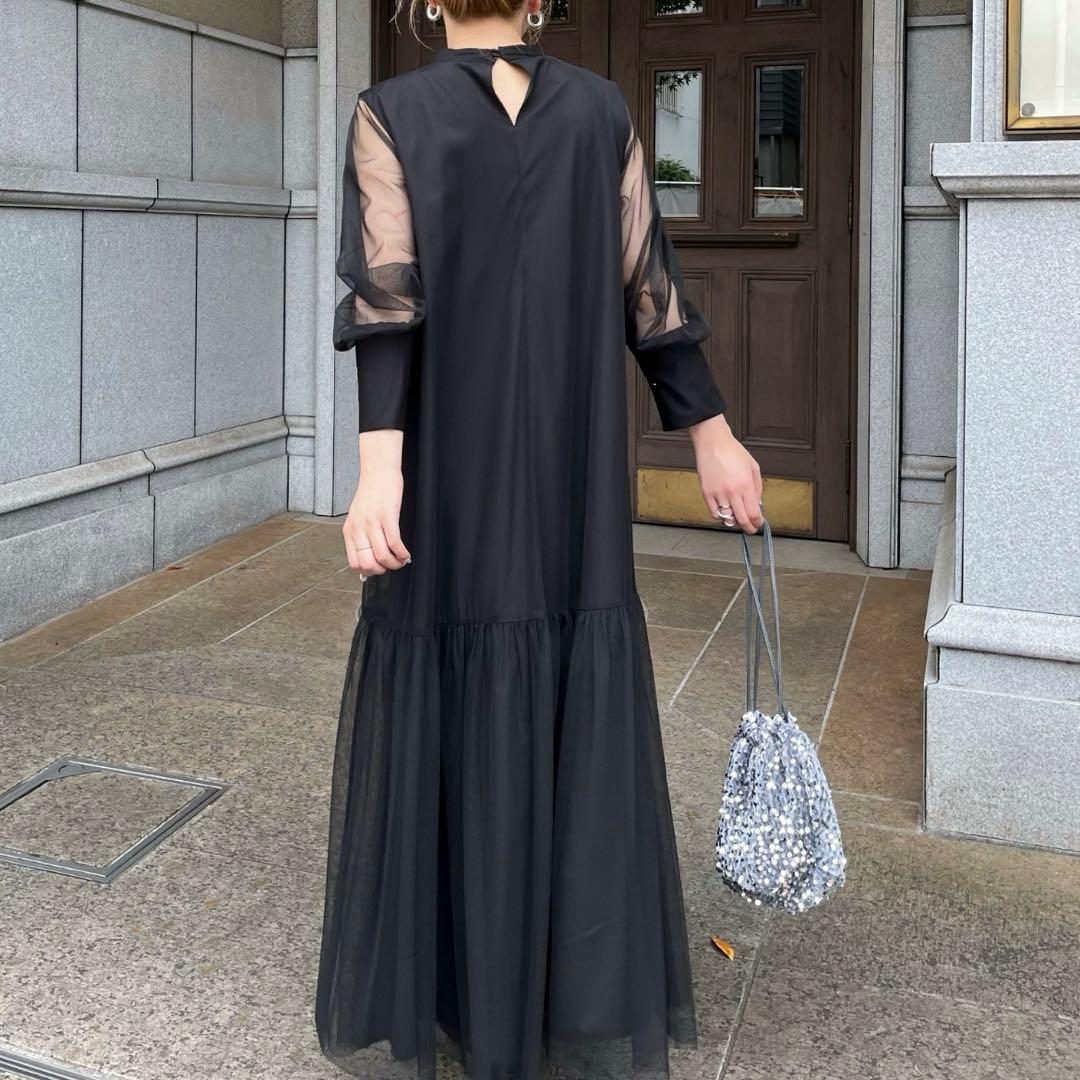 オケージョン　チュールワンピース シースルー袖ロングワンピース　ブラック