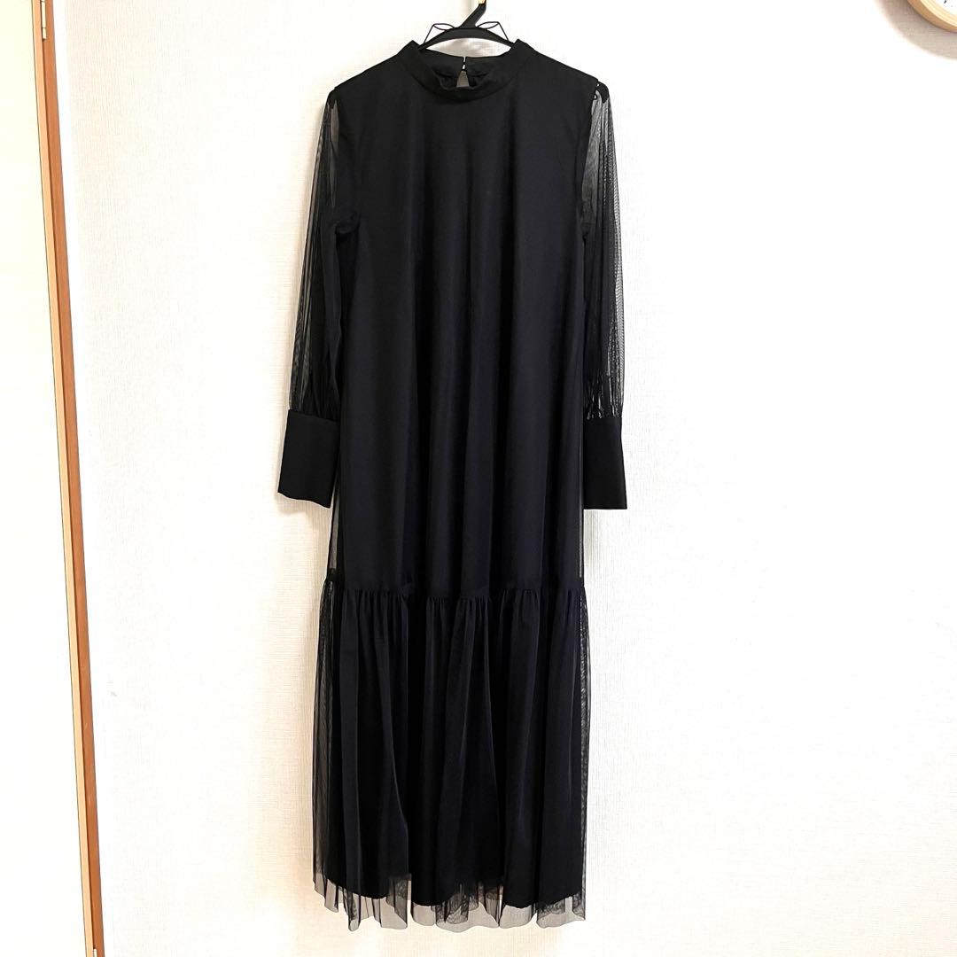 オケージョン　チュールワンピース シースルー袖ロングワンピース　ブラック