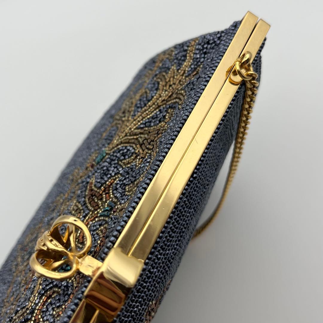 高級ビーズバッグ 新品未使用 がま口 チェーン ブラック系 刺繍 ビンテージ