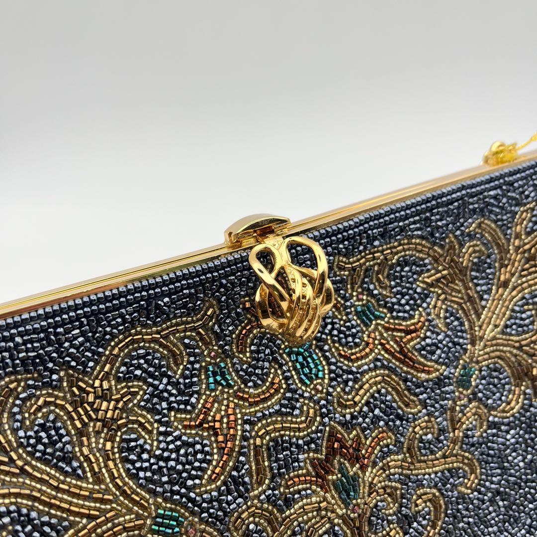 高級ビーズバッグ 新品未使用 がま口 チェーン ブラック系 刺繍 ビンテージ