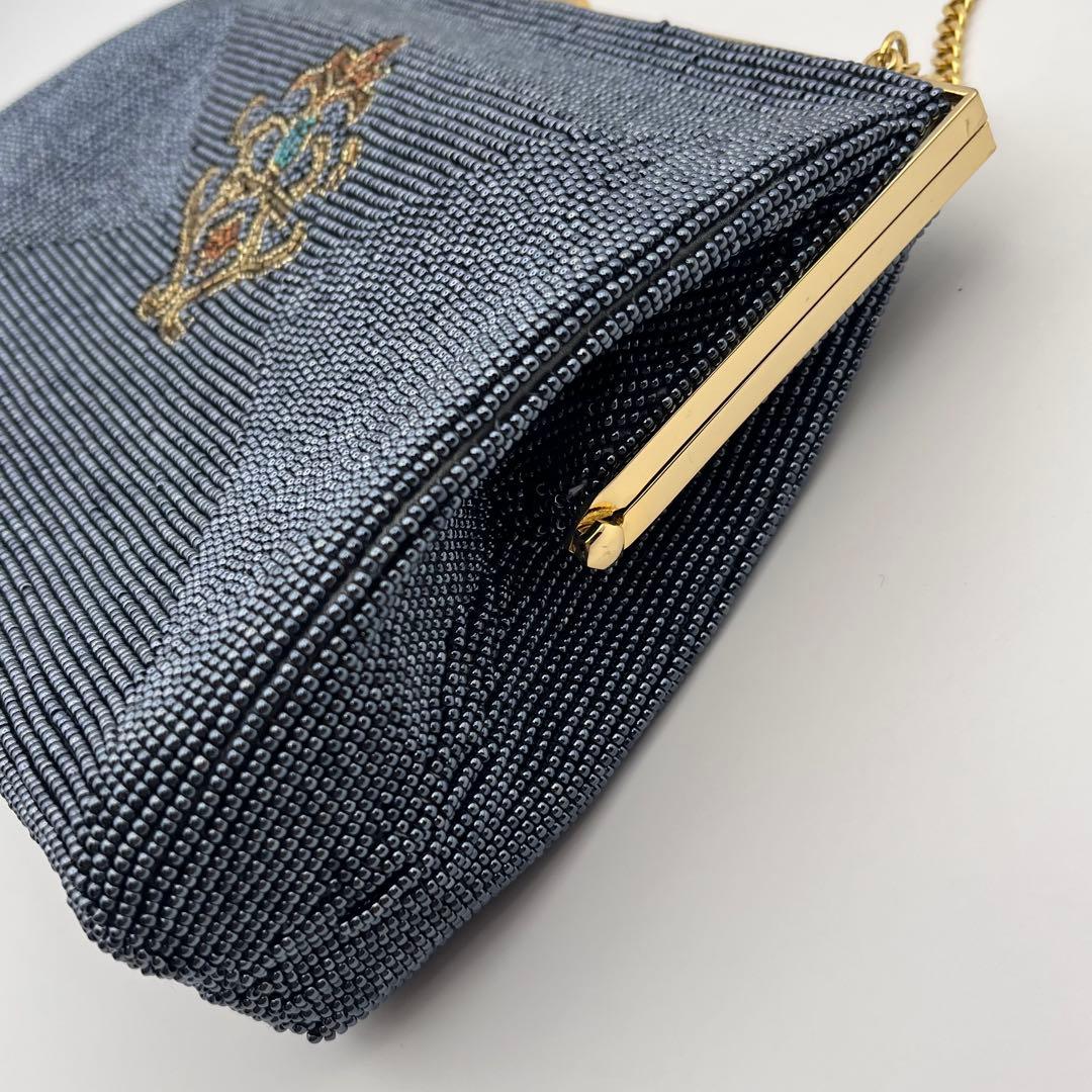 高級ビーズバッグ 新品未使用 がま口 チェーン ブラック系 刺繍 ビンテージ