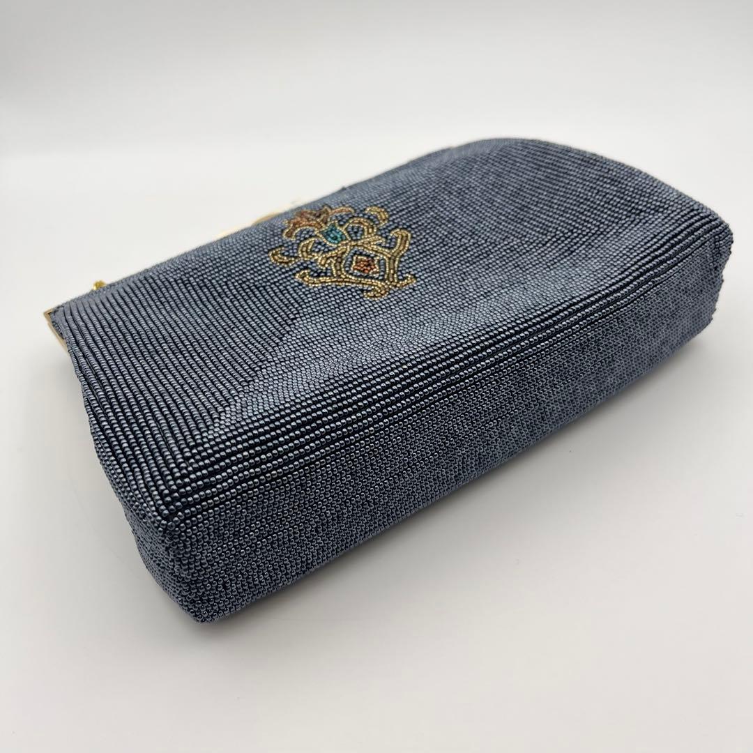 高級ビーズバッグ 新品未使用 がま口 チェーン ブラック系 刺繍 ビンテージ
