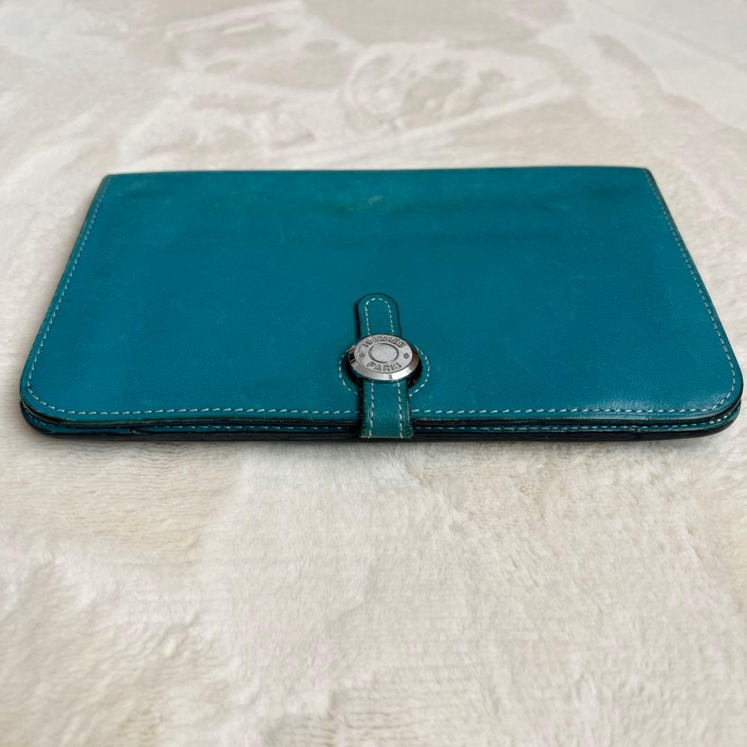 エルメス　ドゴンGM デュオ レザー ブルー 長財布 二つ折り 青