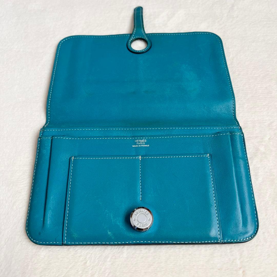 エルメス　ドゴンGM デュオ レザー ブルー 長財布 二つ折り 青