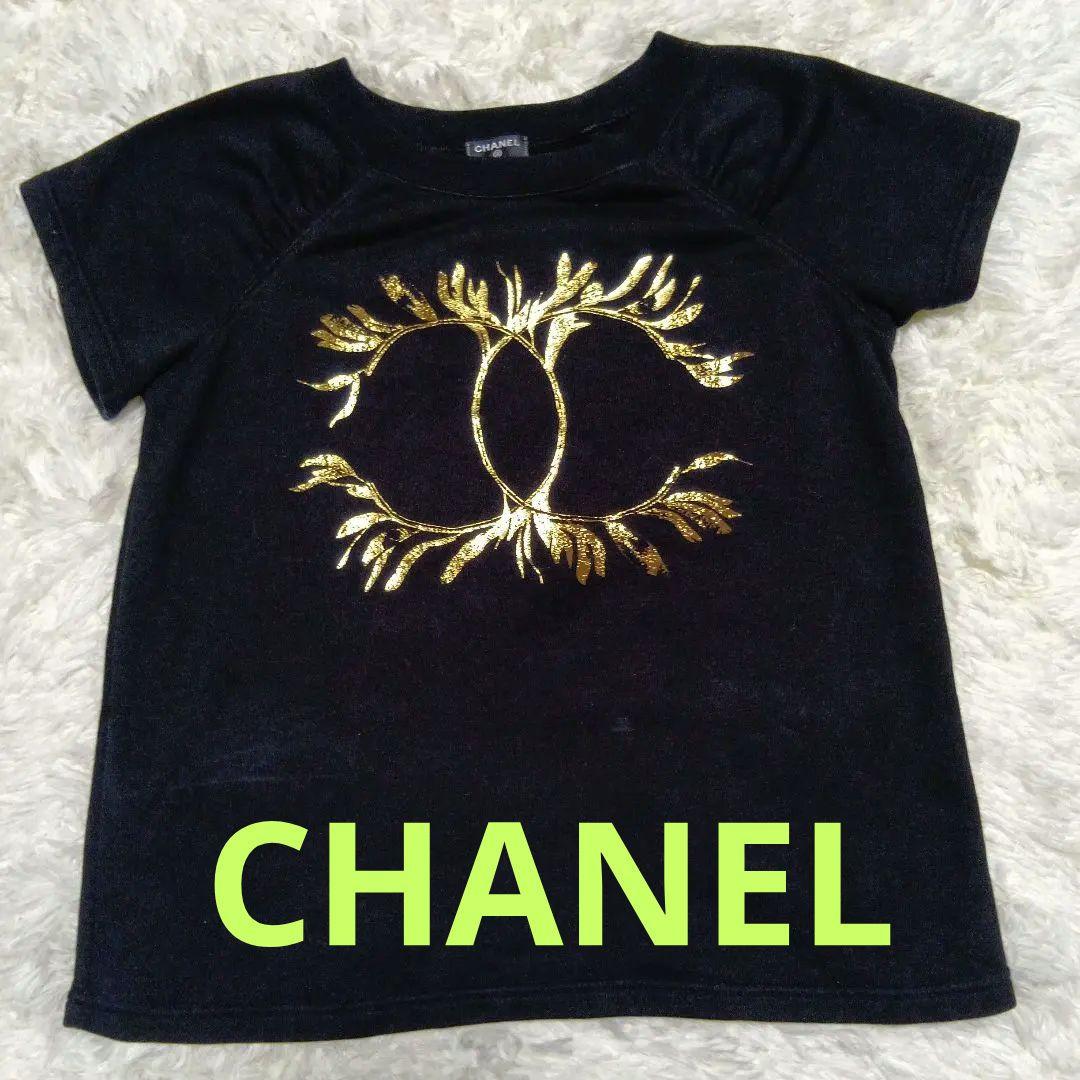 CHANEL 　金色の刺繍　口ゴ入り　ブラック Tシャツ S　半袖