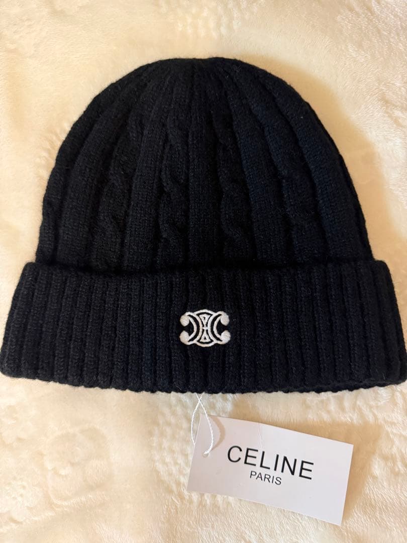 CELINE ケーブル編み ニット帽 黒