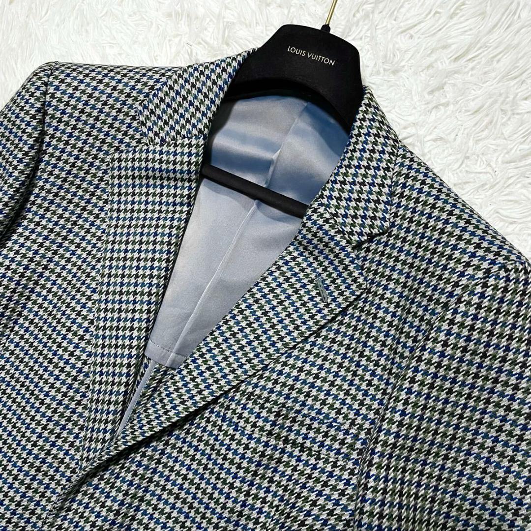 XL相当　バーバリー　カシミヤ　テーラードジャケット　千鳥格子柄　ブルーグリーン