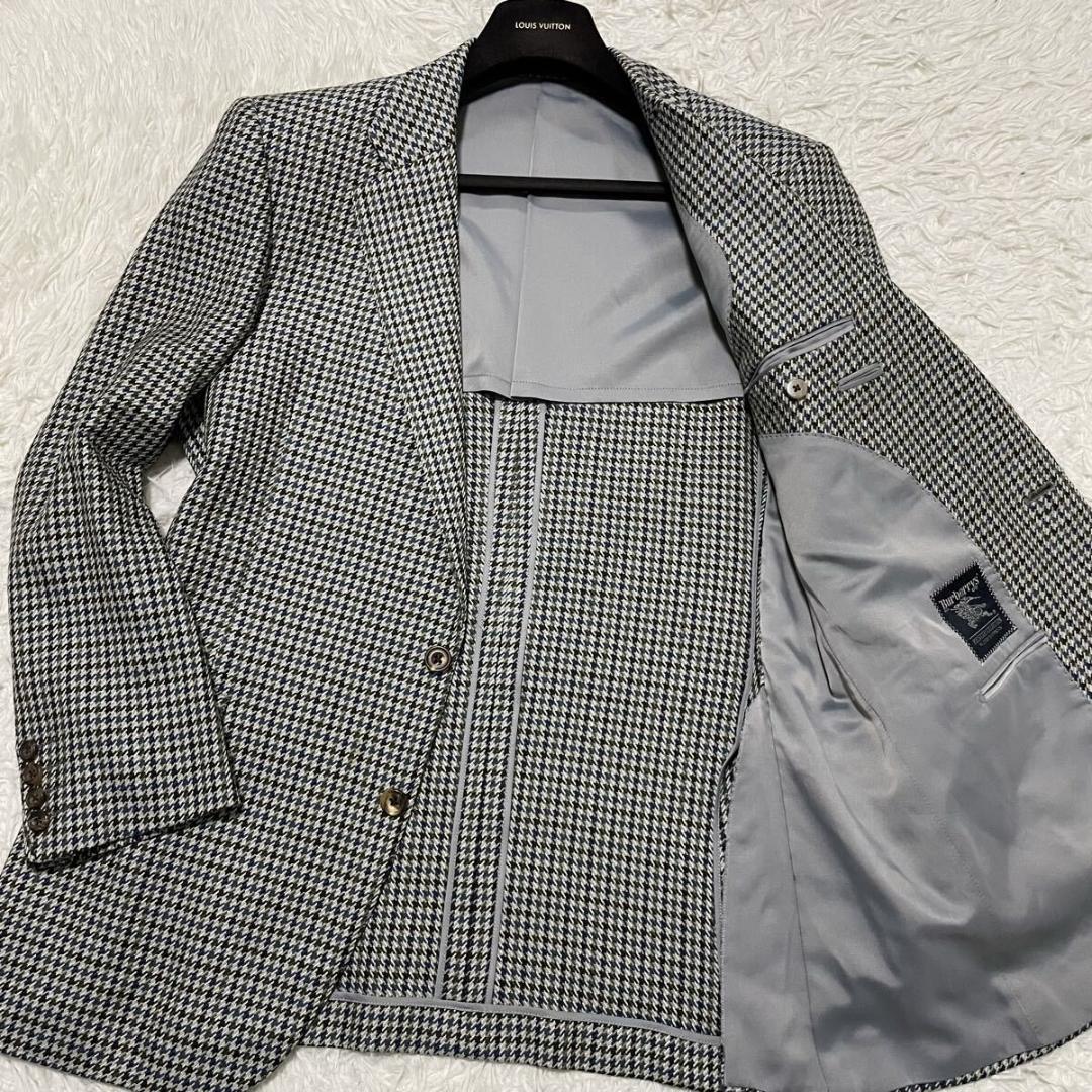 XL相当　バーバリー　カシミヤ　テーラードジャケット　千鳥格子柄　ブルーグリーン