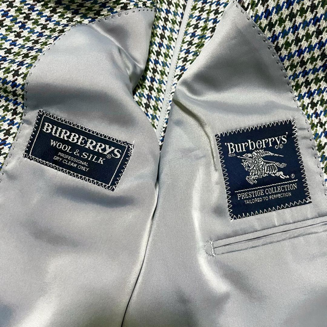 XL相当　バーバリー　カシミヤ　テーラードジャケット　千鳥格子柄　ブルーグリーン