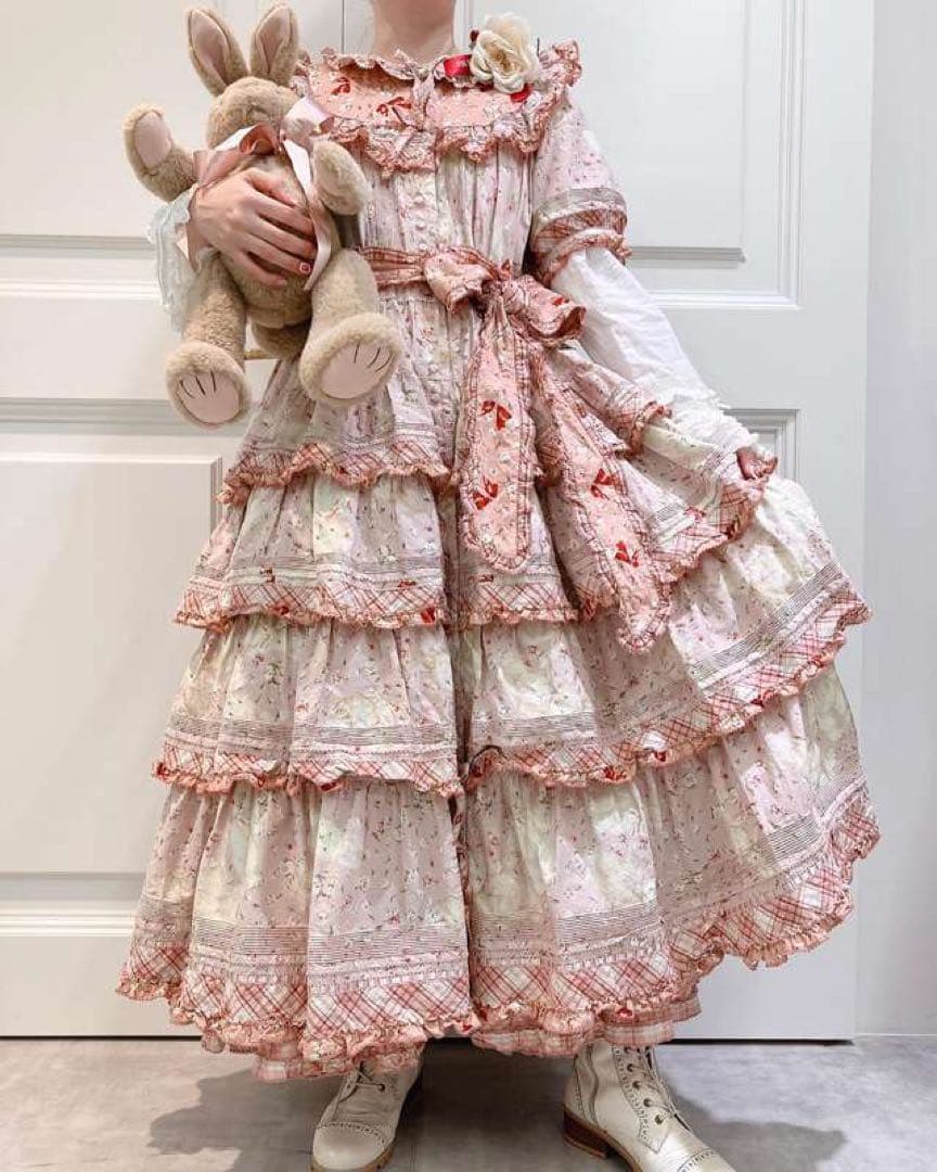 PINK HOUSE ピンクハウス バラ園うさぎプリント パッチワークワンピース