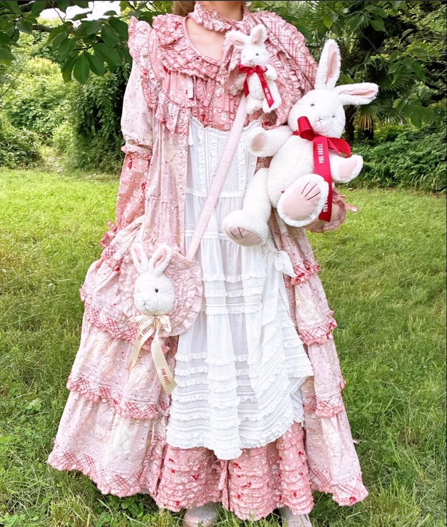 PINK HOUSE ピンクハウス バラ園うさぎプリント パッチワークワンピース