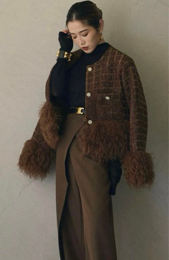 アンドレアアンドコー ツイードファージャケット ノーカラーコート ブラウン