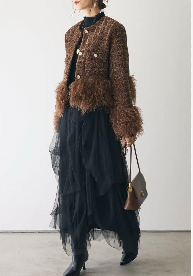 アンドレアアンドコー ツイードファージャケット ノーカラーコート ブラウン