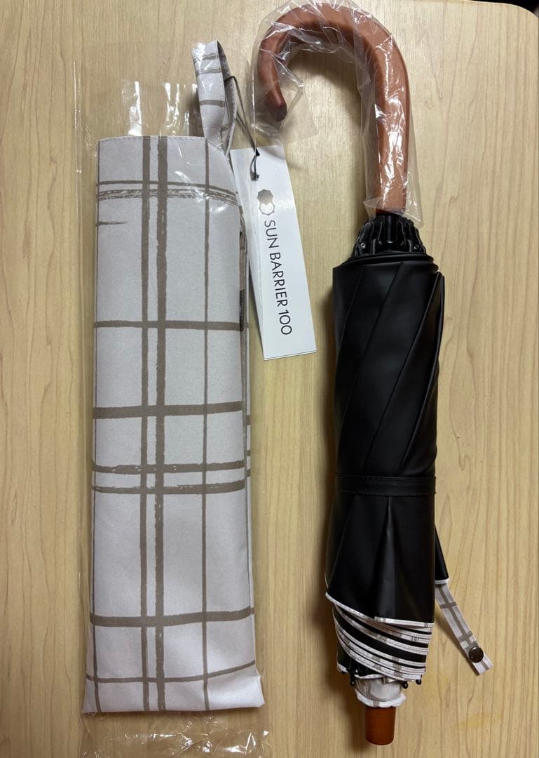 サンバリア100 折りたたみ日傘 2段格子柄木曲がり手元