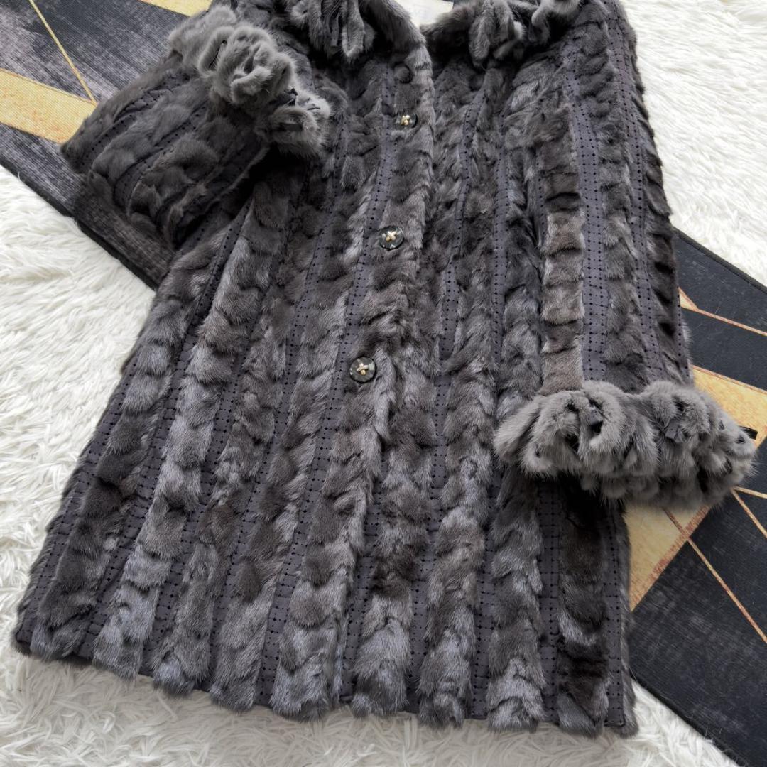 総丈95/激レアデザイン◎ グレー ミンク ロング ファーコート 毛皮 エンバ