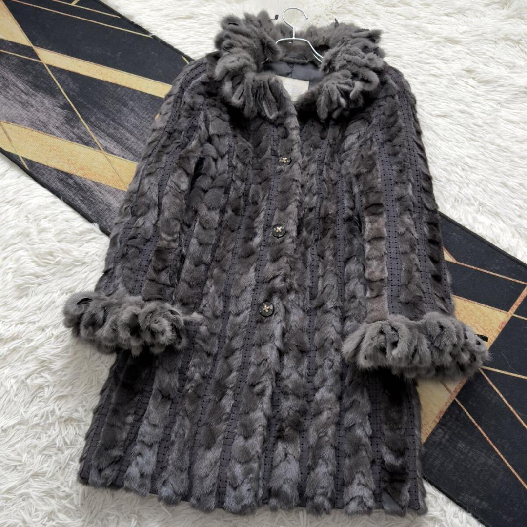 総丈95/激レアデザイン◎ グレー ミンク ロング ファーコート 毛皮 エンバ