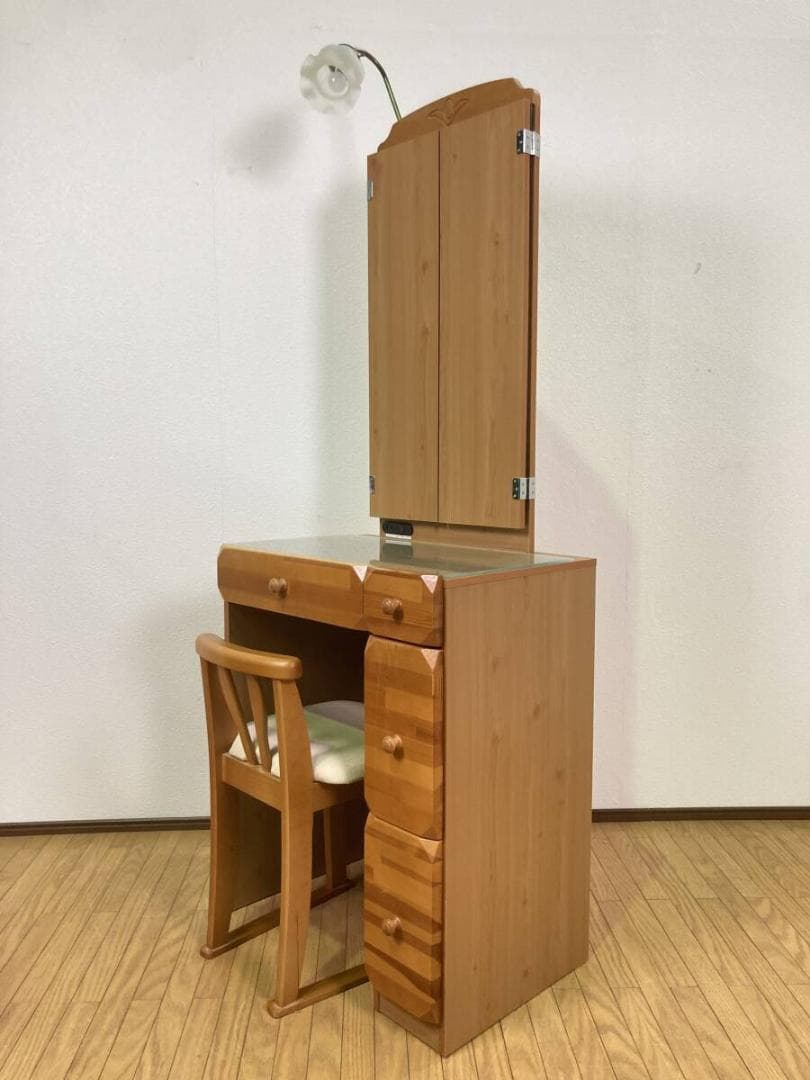 ニトリ レスティⅡ 3面鏡 三面鏡 ドレッサー 照明 イス付き ライトブラウン