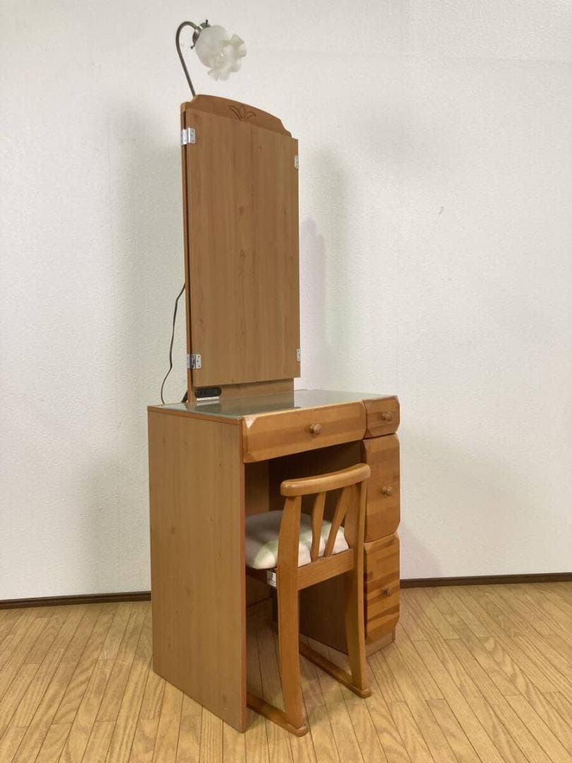 ニトリ レスティⅡ 3面鏡 三面鏡 ドレッサー 照明 イス付き ライトブラウン