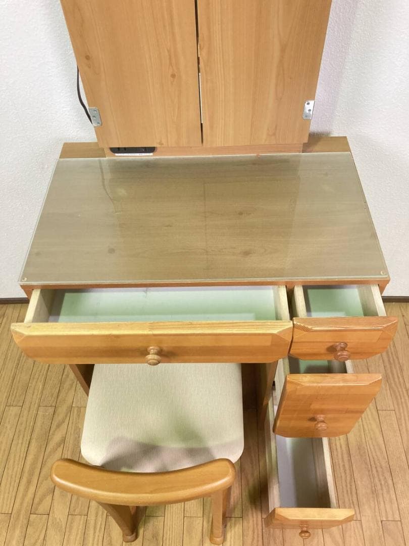 ニトリ レスティⅡ 3面鏡 三面鏡 ドレッサー 照明 イス付き ライトブラウン