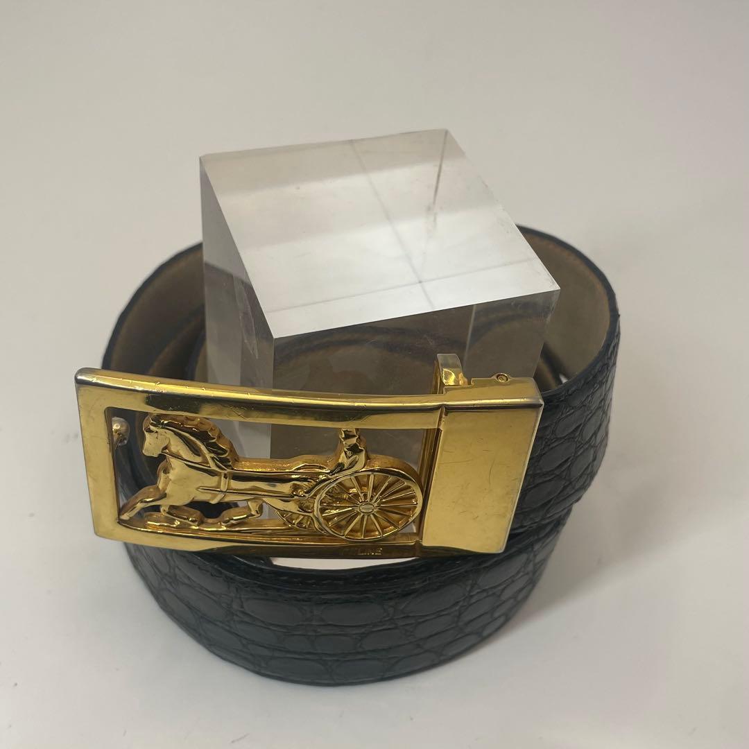 CELINE ✨セリーヌ クロコダイル風　レザー ベルト 馬車金具 ゴールド