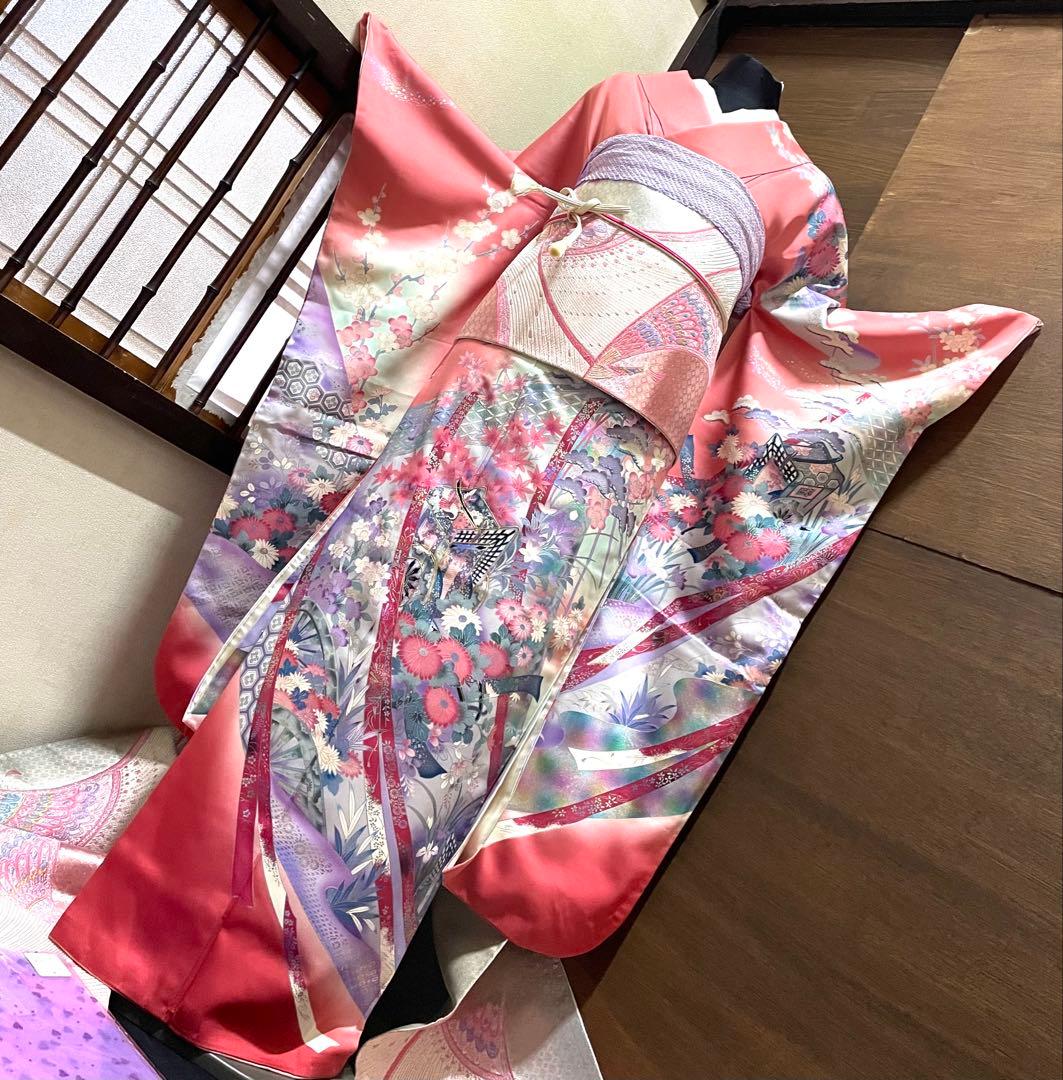 振袖 フルセット6点サイズM〜Ｌ駒刺繍　御所車花文　暈し染め　金彩正絹