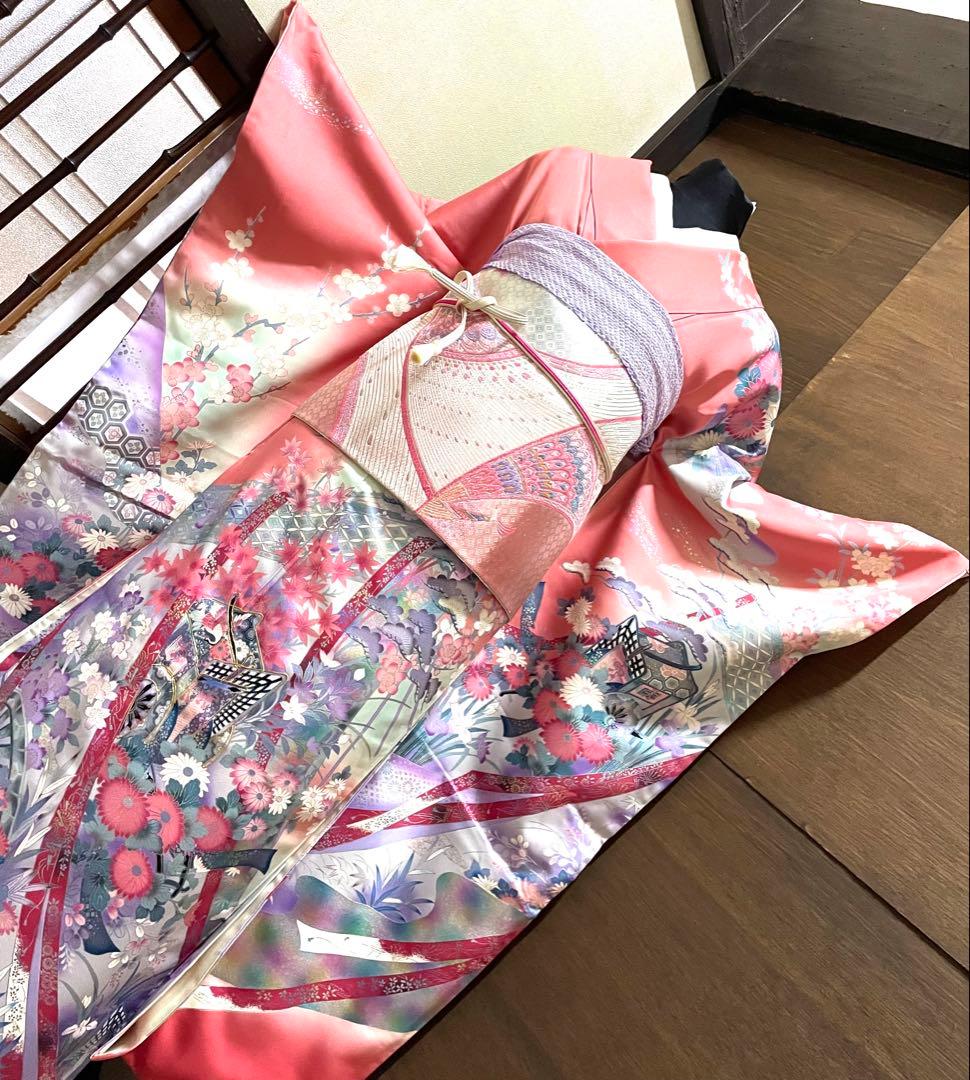 振袖 フルセット6点サイズM〜Ｌ駒刺繍　御所車花文　暈し染め　金彩正絹