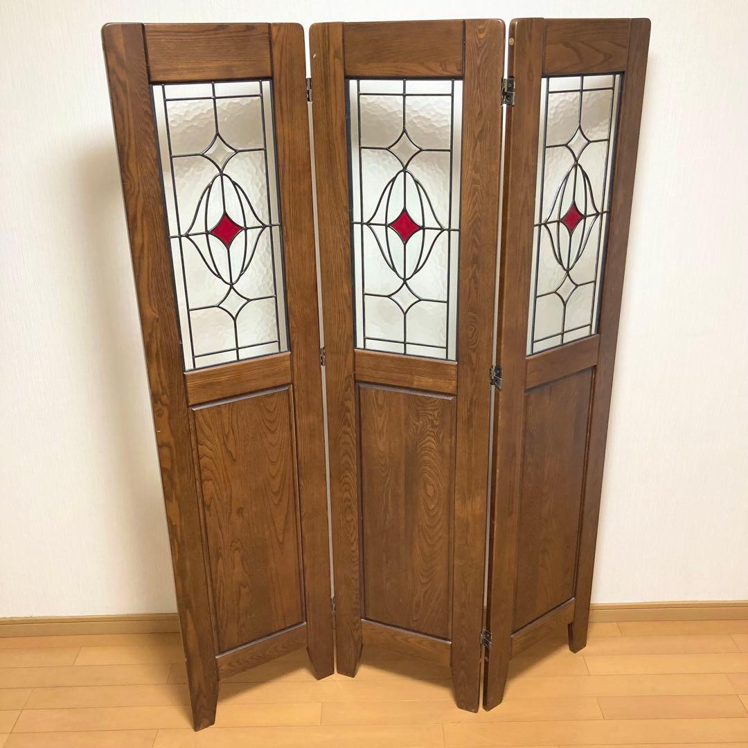 ステンドグラス 木製 パーテーション 3連 アンティーク調 間仕切り 衝立