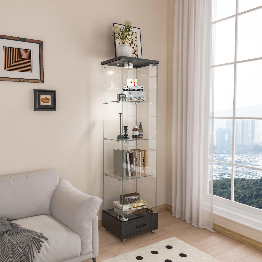 LED照明＆引き出し付き ガラスディスプレイキャビネット 鍵付き強化ガラス収納