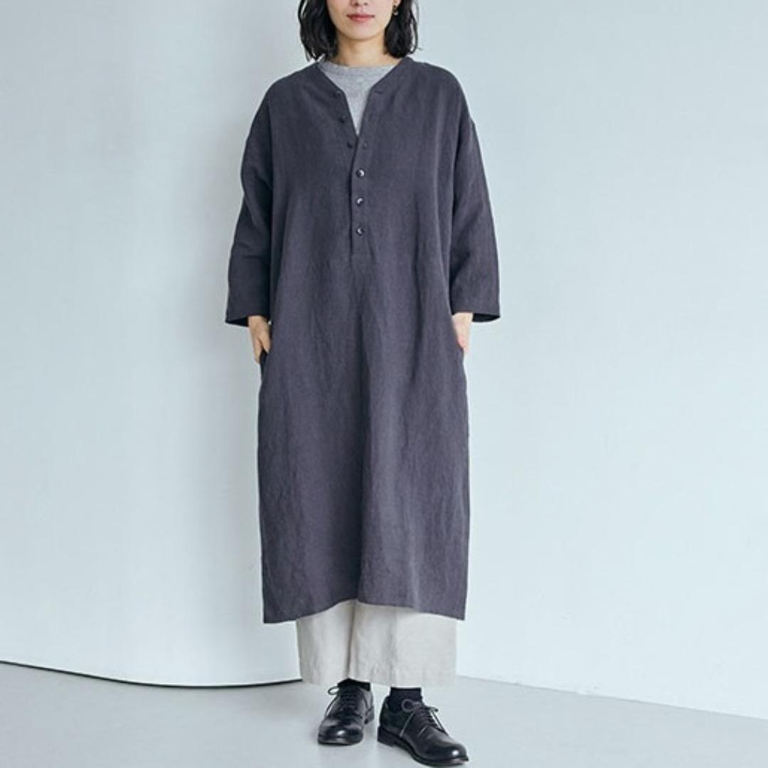 中川政七商店 厚手麻のボタンワンピース スミクロ