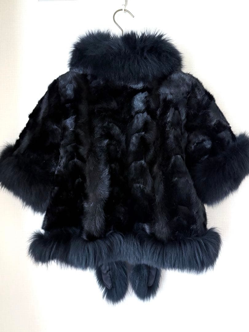 【新品未使用】ブラック ミンク×フォックス ファーショートケープ 短袖 本毛皮