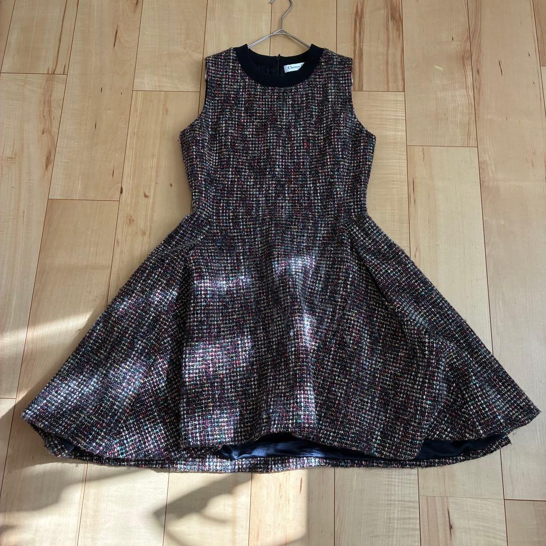【クリスチャンディオール】ワンピース ノースリーブ ツイード ラメ マルチカラー