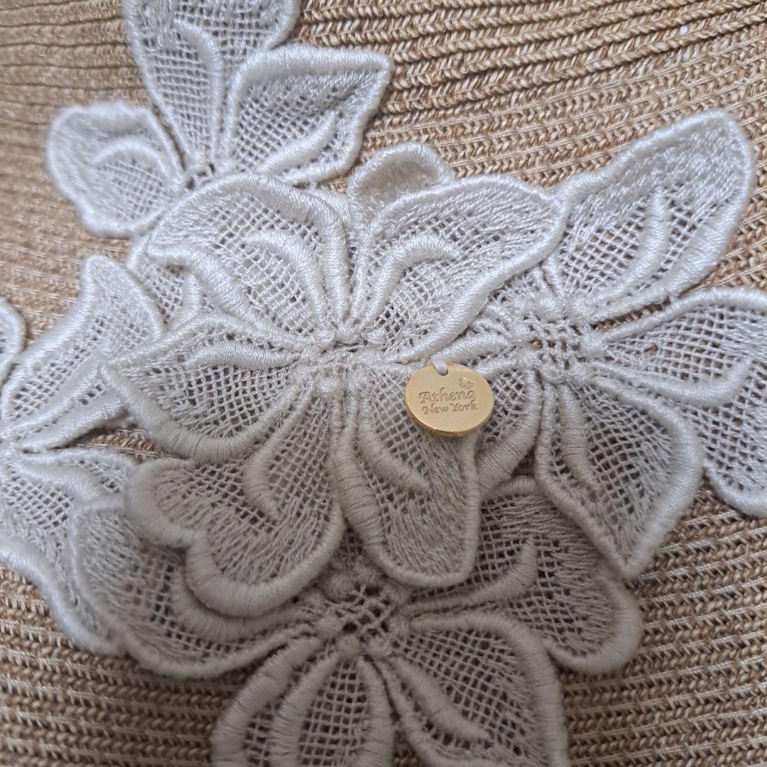 Athena New York フラワー刺繍 ベージュ 麦わら帽子