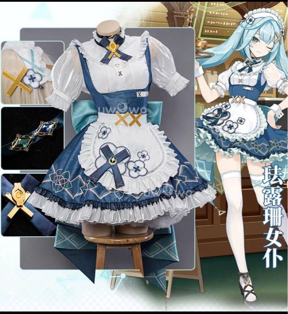 UWOWO 原神　ファルザン　メイド コスプレ衣装　カフェ フルセット　ウィッグ