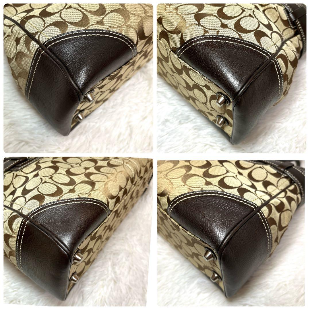 良品 COACH シグネチャー キャンバス ハンドバッグ ブラウン 金具