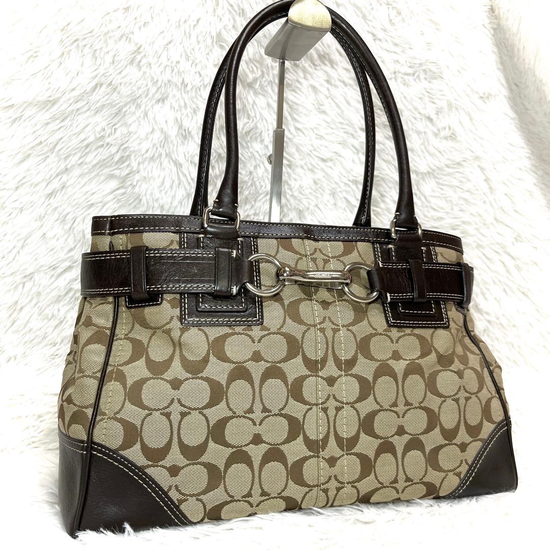 良品 COACH シグネチャー キャンバス ハンドバッグ ブラウン 金具