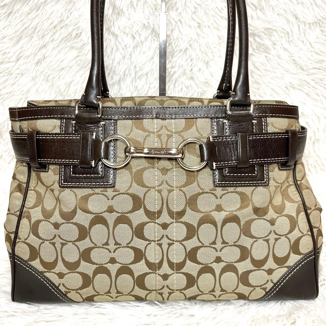 良品 COACH シグネチャー キャンバス ハンドバッグ ブラウン 金具
