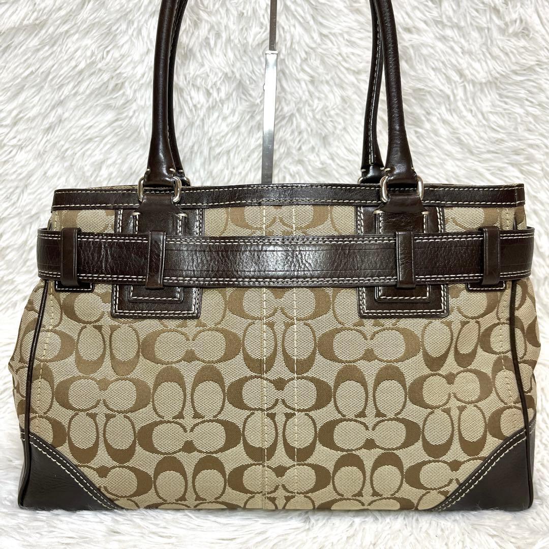 良品 COACH シグネチャー キャンバス ハンドバッグ ブラウン 金具