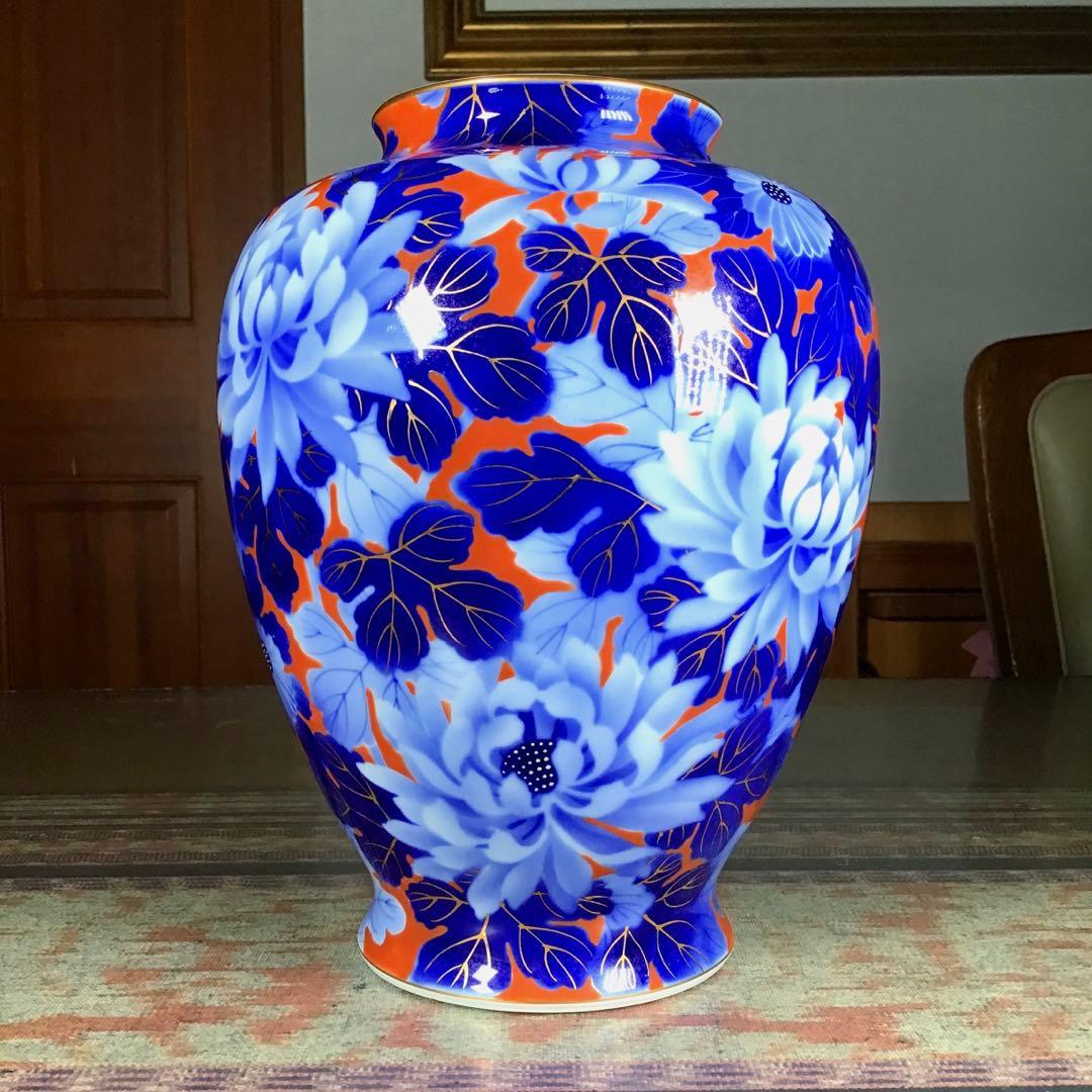 『お中元うー特価』　深川製磁　花瓶　赤金彩　牡丹