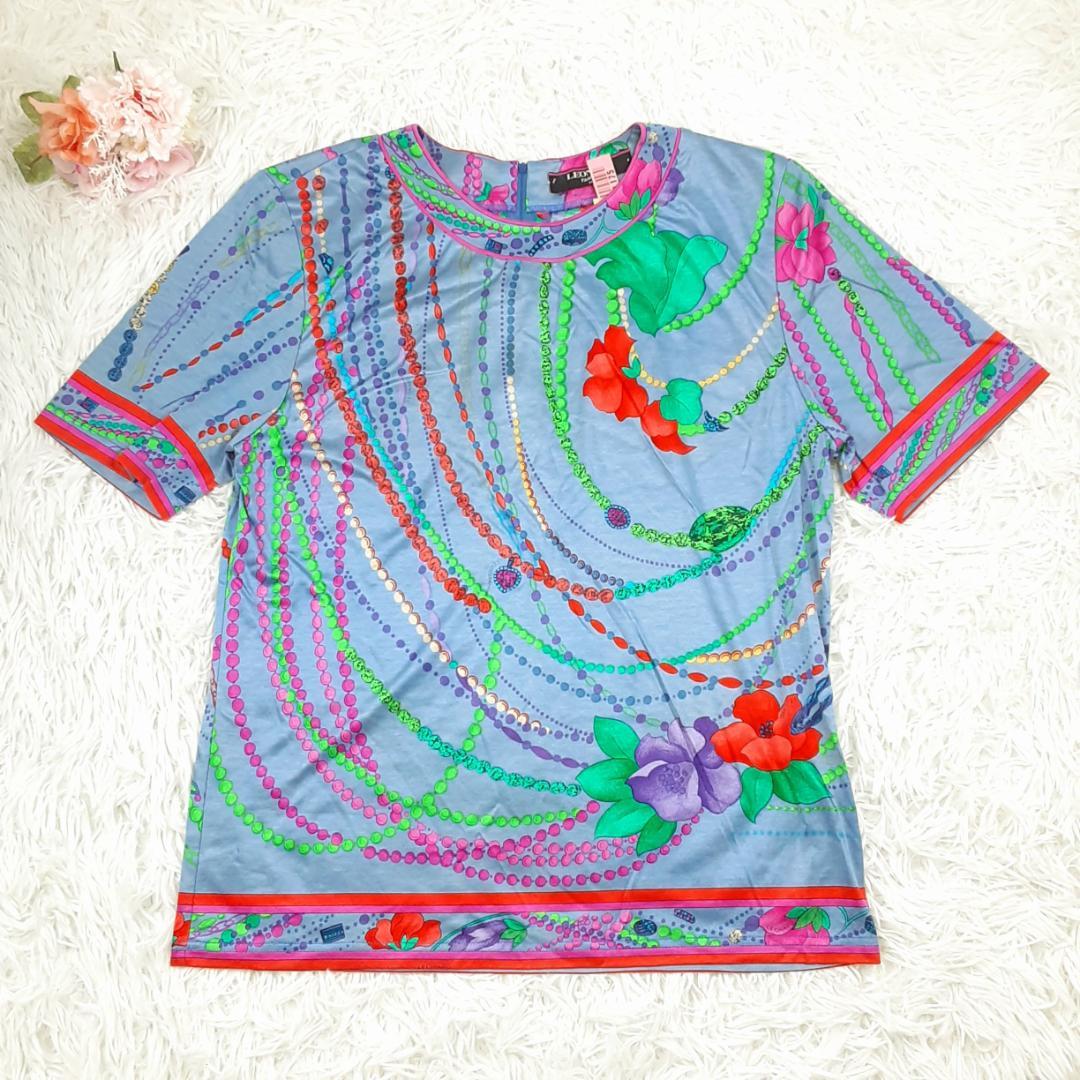 美品◎LEONARD レオナール 半袖カットソー 花柄 ジュエリー柄 トリム