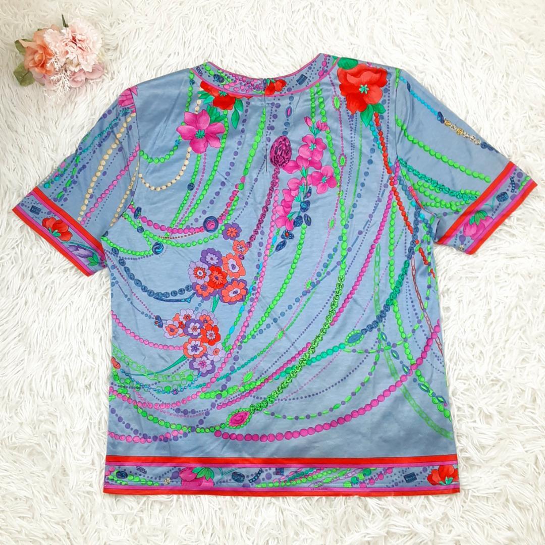 美品◎LEONARD レオナール 半袖カットソー 花柄 ジュエリー柄 トリム