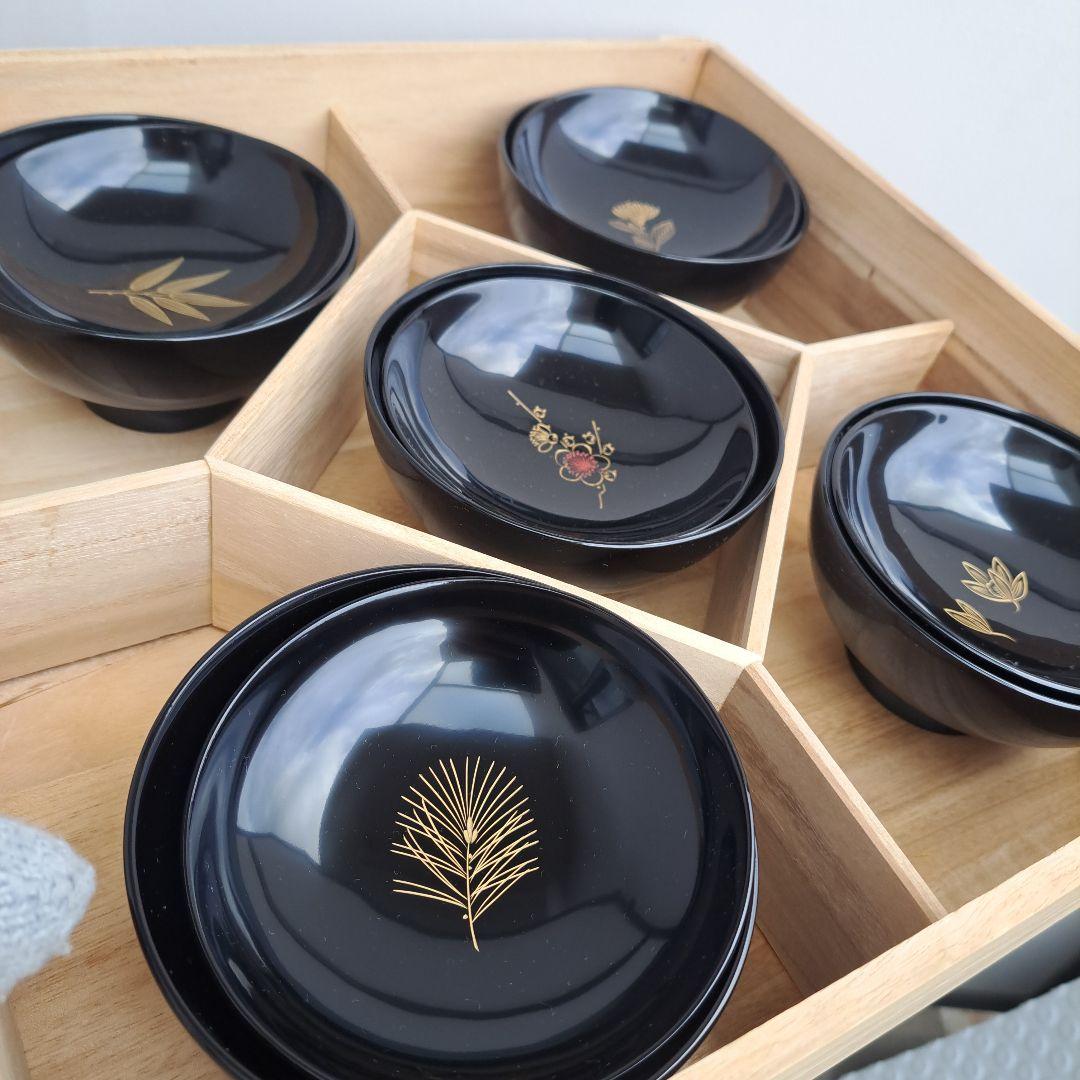 【輪島塗　御吸物椀×5客】布着本堅地　浅見漆器店　沈金\"五君子　未使用