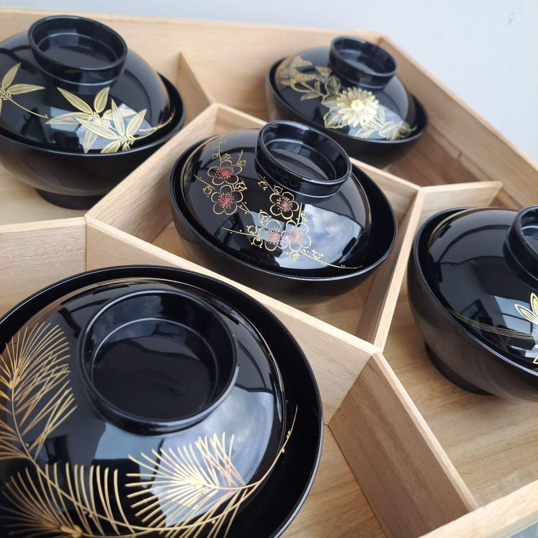 【輪島塗　御吸物椀×5客】布着本堅地　浅見漆器店　沈金\"五君子　未使用