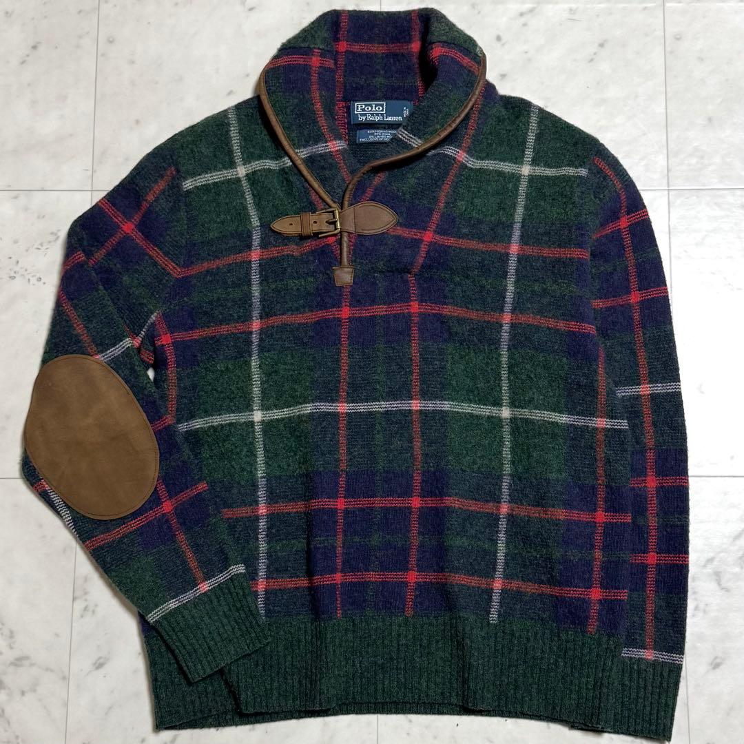 ポロバイラルフローレン レザーエルボーパッチウールニット 牛革 チェック柄 L