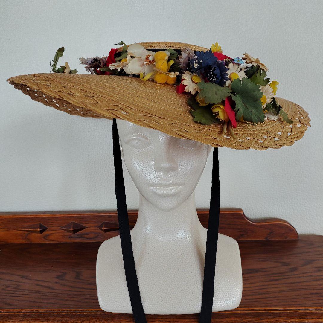 花飾り付き麦わら帽子 ビンテージ