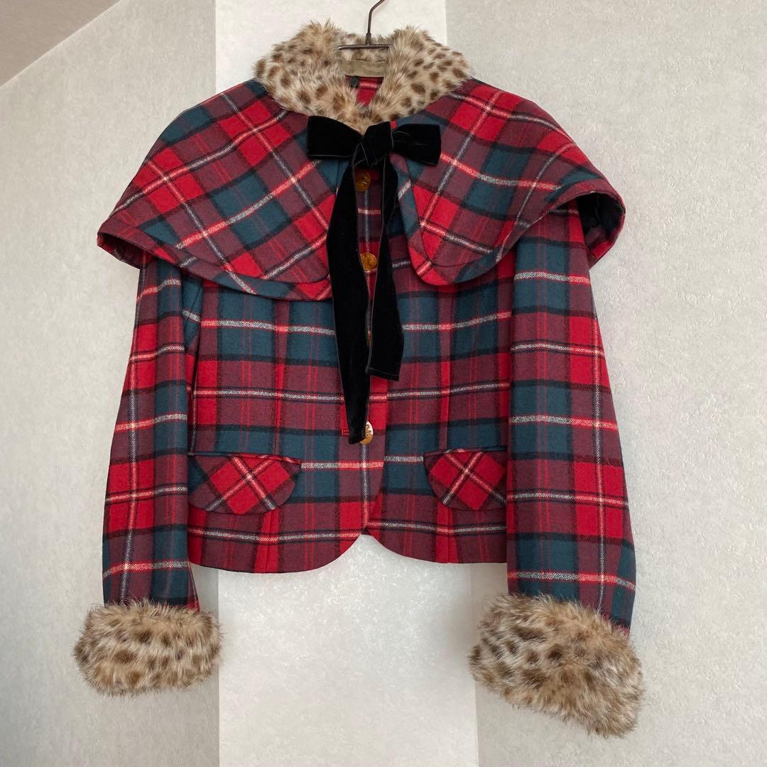 【美品】ジェーンマープル　タータンチェック　ケープ　ファー付きジャケット