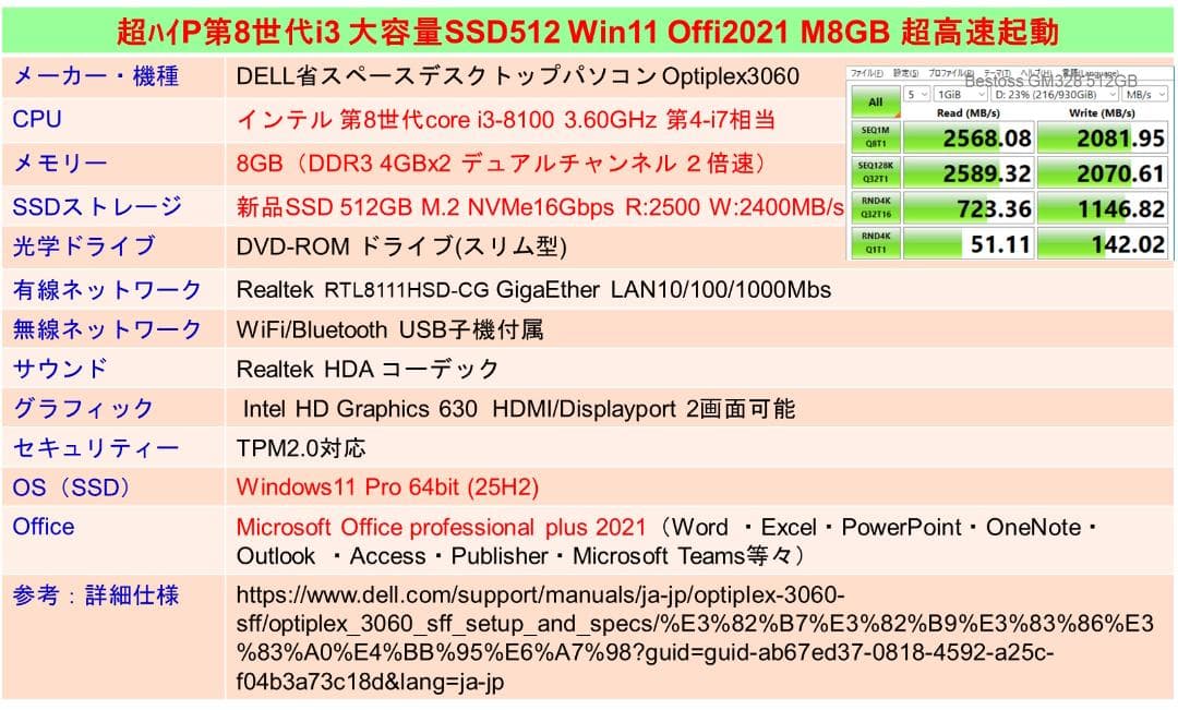 超ハイP第8Core i3 M2SSD512 8G Win11 Offi2021