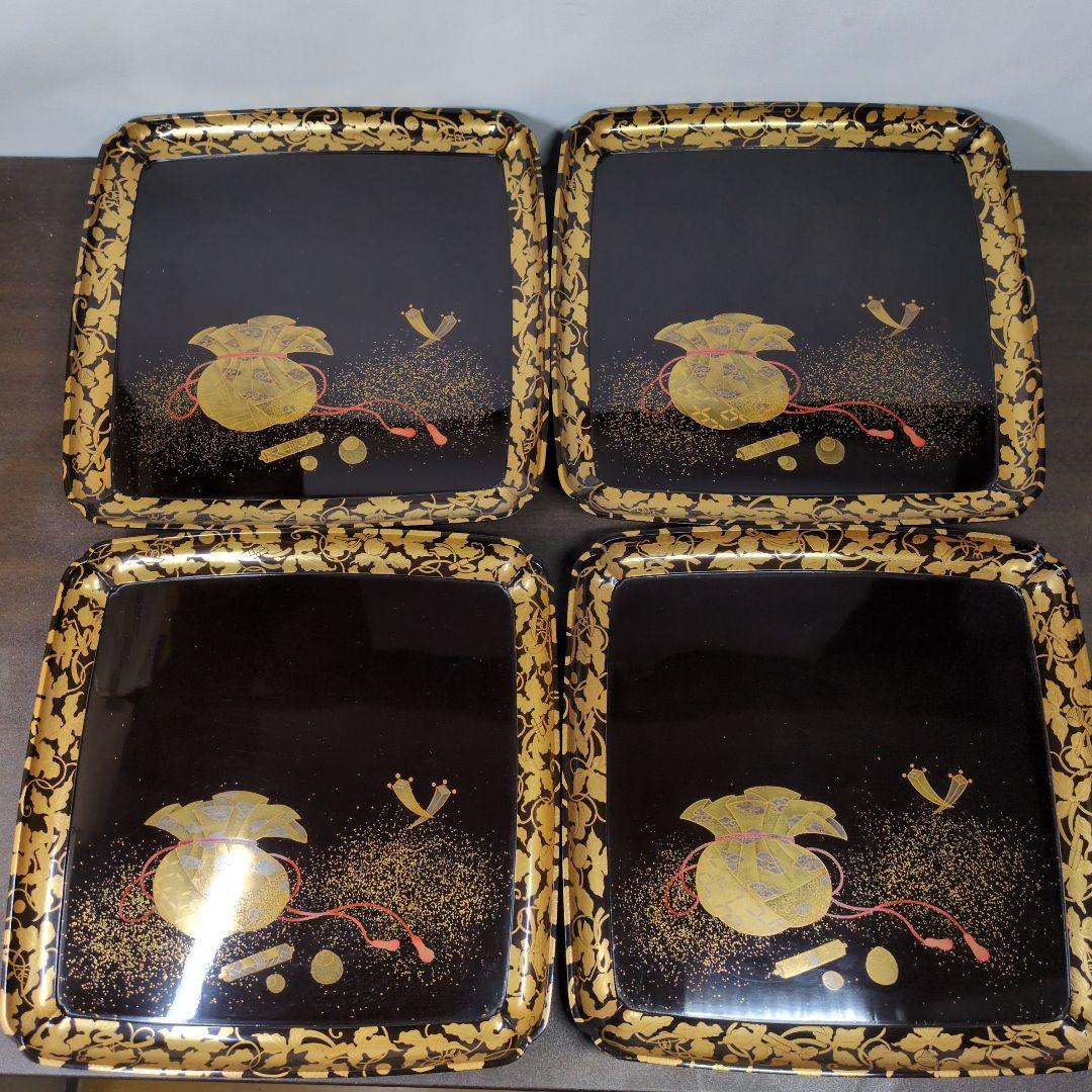 T*i様 時代 金銀蒔絵 宝尽し唐草文 足付き 盆 五客