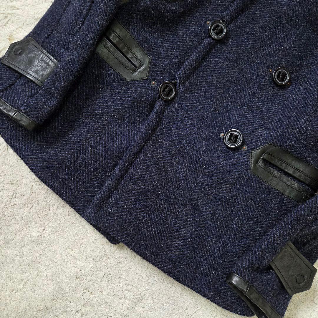 美品 デンハム フォックスブラザーズ ツイード レザー切り替え Pコート S相当